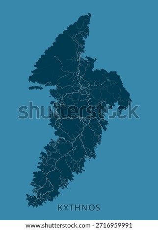 Map of Kythnos Island is displayed against a teal background. The island's shape is rendered in a darker shade of teal, with intricate white lines delineating the roads and waterways.