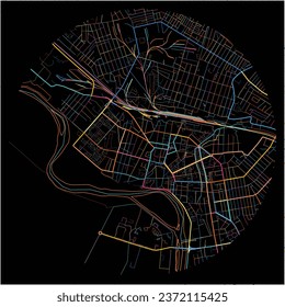 Map of Kyzylorda, Kyzylorda Province with all major and minor roads, railways and waterways. Colorful line art on black background.