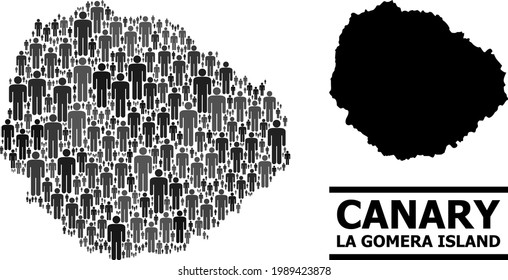 Map of La Gomera Island for politics proclamations. Vector population collage. Composition map of La Gomera Island combined of population elements. Demographic concept in dark gray color tones.