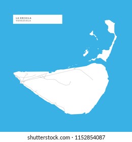 Map of La Orchila Island, Venezuela, contains geography outlines for land mass, water, major roads and minor roads.