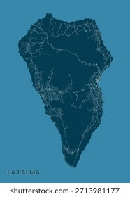 Map of La Palma island, rendered in a dark teal color against a lighter teal background. The island's shape is clearly defined, with intricate white lines representing roads and possibly rivers