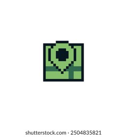 Kennzeichnungs-Anwendungspixelkunst-Symbol zuordnen. Lage mit Pin. Flacher Stil. Webdesign, mobile App. 8-Bit-Sprite. Spielmaterial. Abstrakte einzelne Vektorgrafik.