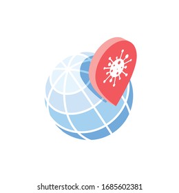 Kartenmarken für die Welt der Epidemie mit dem Koronavirus. Vektorillustration 3d isometrisch, farbiges Web-Icon, neuer flacher Stil. Kreatives Illustrationsdesign, einzelne Grafikidee für Infografiken.