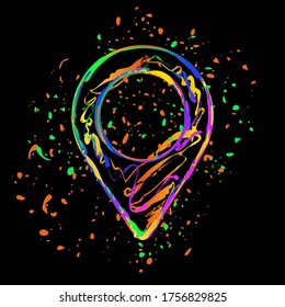 Icono de etiqueta de mapa. Tinta coloreada con salpicaduras en fondo negro