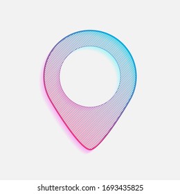 icono de etiqueta de mapa. Logo coloreado con líneas diagonales y degradado azul-rojo. Gráfico neón, efecto ligero