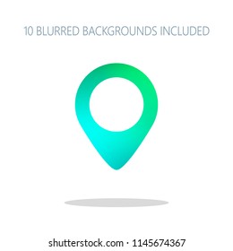 map label icon. Colorful logo concept with simple shadow on white. 10 different blurred backgrounds included