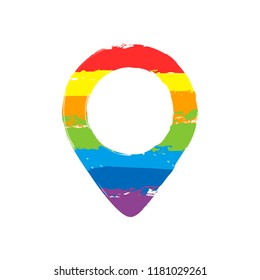 map label icon. Drawing sign with LGBT style, seven colors of rainbow (red, orange, yellow, green, blue, indigo, violet
