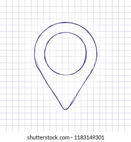Map label icon. Hand drawn picture on paper sheet. Blue ink, outline sketch style. Doodle on checkered background
