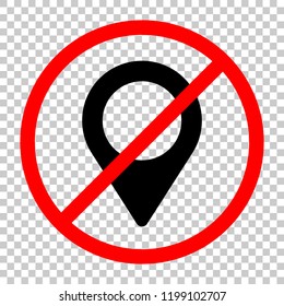 Map label icon. Not allowed, black object in red warning sign with transparent background