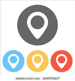 map label icon. Set of white icons on colored circles