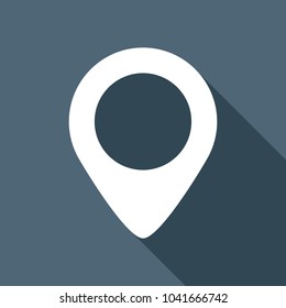 map label icon. White flat icon with long shadow on background