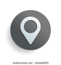 Map label icon. White paper symbol on gray round button with shadow