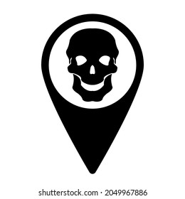 Map label and skull, black sign on white background, vector illustration