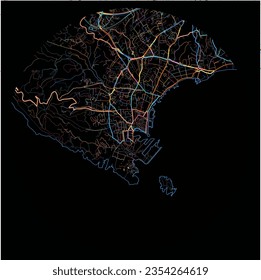 Mapa de LaCiotat, Bouches-du-Rhône con todas las carreteras principales y menores, ferrocarriles y vías fluviales. Coloridas líneas de arte sobre fondo negro.