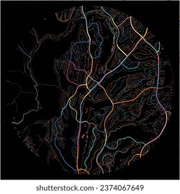 Map of LagunaNiguel, California with all major and minor roads, railways and waterways. Colorful line art on black background.
