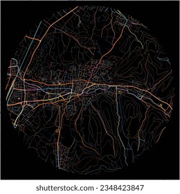 Map of Lahr-Schwarzwald, Baden-Wuerttemberg with all major and minor roads, railways and waterways. Colorful line art on black background.