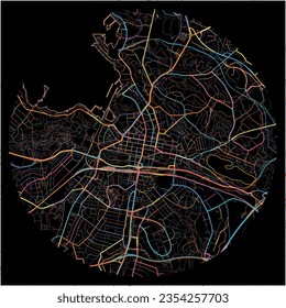 Map of Lahti with all major and minor roads, railways and waterways. Colorful line art on black background.