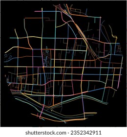 Map of Laiwu, Shandong with all major and minor roads, railways and waterways. Colorful line art on black background.