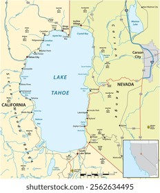 Map of Lake Tahoe, California, Nevada, USA