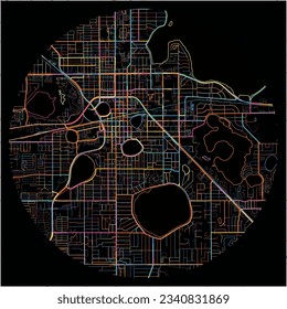 Map of Lakeland, Florida with all major and minor roads, railways and waterways. Colorful line art on black background.