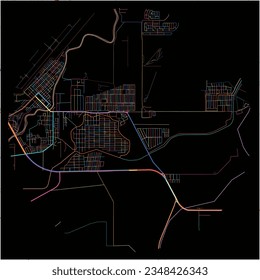 Map of LaLima, Cortés with all major and minor roads, railways and waterways. Colorful line art on black background.