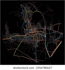 Map of Lamia, Central Greece with all major and minor roads, railways and waterways. Colorful line art on black background.