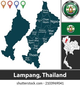 Map of Lampang province with districts and location on Thai map. Vector image