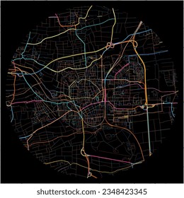 Map of LandauinderPfalz, Rheinland-Pfalz with all major and minor roads, railways and waterways. Colorful line art on black background.