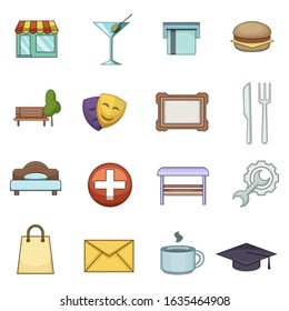 Map landmarks objects icons set. Cartoon illustration of 16 map landmarks objects vector icons for web