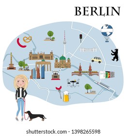 Map with landmarks and symbols of Berlin such as Reichstag, Brandenburg Gate, TV Tower, Berlin Cathedral - Vector