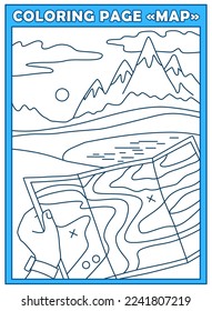 Map and landscape coloring page vector illustration, traveler looking for his way coloring book design