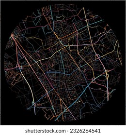 Map of LangenfeldRheinland, North Rhine-Westphalia with all major and minor roads, railways and waterways. Colorful line art on black background.