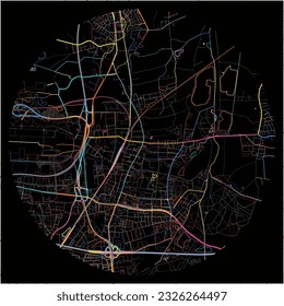 Map of Langenhagen, Lower Saxony with all major and minor roads, railways and waterways. Colorful line art on black background.