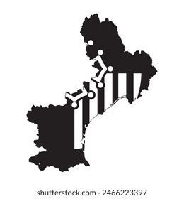 Map of Languedoc-Roussillon province with its official flag in white and black color. Vector illustration