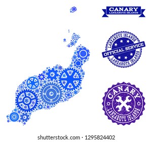 Map of Lanzarote Islands composed with blue gear components, and isolated rubber watermarks for official repair services.