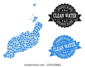 Map of Lanzarote Islands vector mosaic and clean water grunge stamp. Map of Lanzarote Islands designed with blue liquid raindrops. Seal with distress rubber texture for clean drinking water.