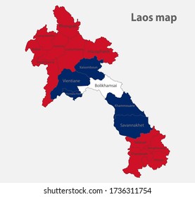 Mapa de Laos en los colores de la bandera con vector de divisiones administrativas
