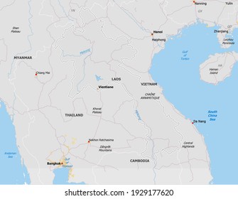 Map of Laos. Map is drawn in high detail and for clarity shows only major cities. Country is drawn with neighboring countries.