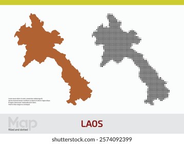 A map of Laos in dual designs, featuring brown-filled details and black abstract dotted patterns, isolated on a white background