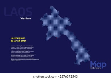 Map of Laos featuring rounded squares with light blue color. The name of the capital marked with a red square. Isolated on a dark blue background. Perfect for various design projects