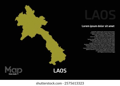 Map of Laos featuring yellow geographic lines, isolated on a black background. Perfect for various design projects.