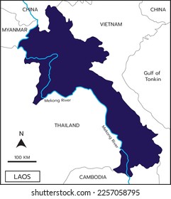 Map of Laos includes regions, Mekong River, borderline countries, Thailand, Cambodia, Burma, China, and Vietnam