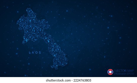 Mapa del diseño moderno de Laos con formas poligonales sobre fondo azul oscuro. Esferas de malla de alambre de negocios a partir de escombros voladores. Concepto de ilustración vectorial de estilo de estructura azul.