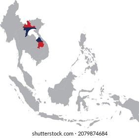 Map of Laos with national flag inside the gray map of Southeast region of Asia