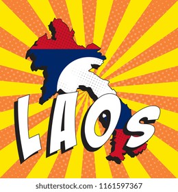map of laos with national flag in retro comic pop art style on colorful background with radial lines