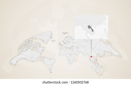 Map of Laos with neighbor countries pinned on world map. Abstract triangles World Map.