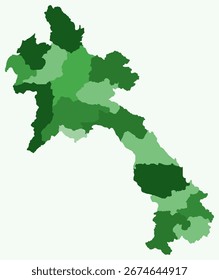 Map of Laos with regions. Just a simple country border map with region division. Green color palette. Plain Lao People's Democratic Republic shape with administrative division. Vector illustration.