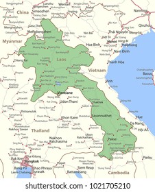Map of Laos. Shows country borders, urban areas, place names and roads. Labels in English where possible.Projection: Mercator.