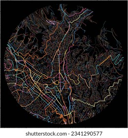 Map of LaPaz with all major and minor roads, railways and waterways. Colorful line art on black background.