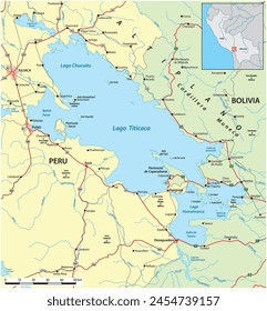 Map of the large South American freshwater lake Titicaca, Peru, Bolivia